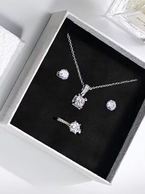Cubic Zirconia Solitaire Jewelry Set - Necklace,Adjustable Ring & Studs